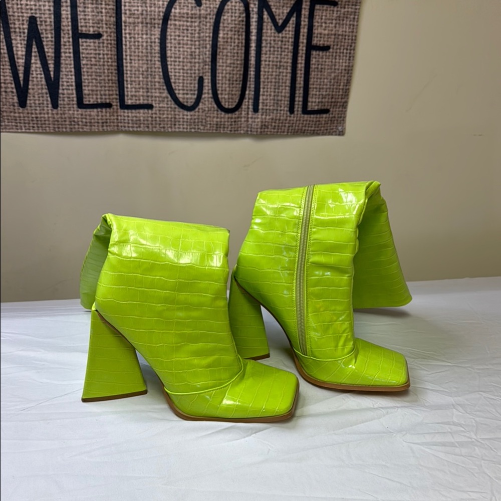 Neon Lime Croc-Embossed Heeled Booties - Women